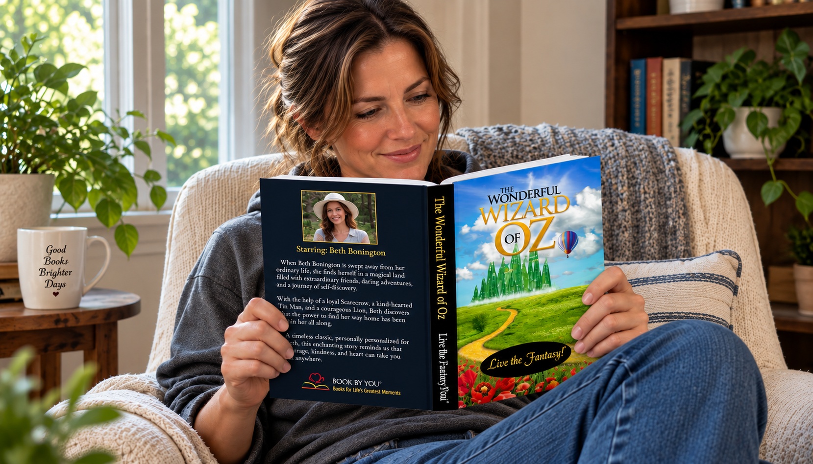 Woman reading her personalized Wizard of Oz classic novel from Book By You