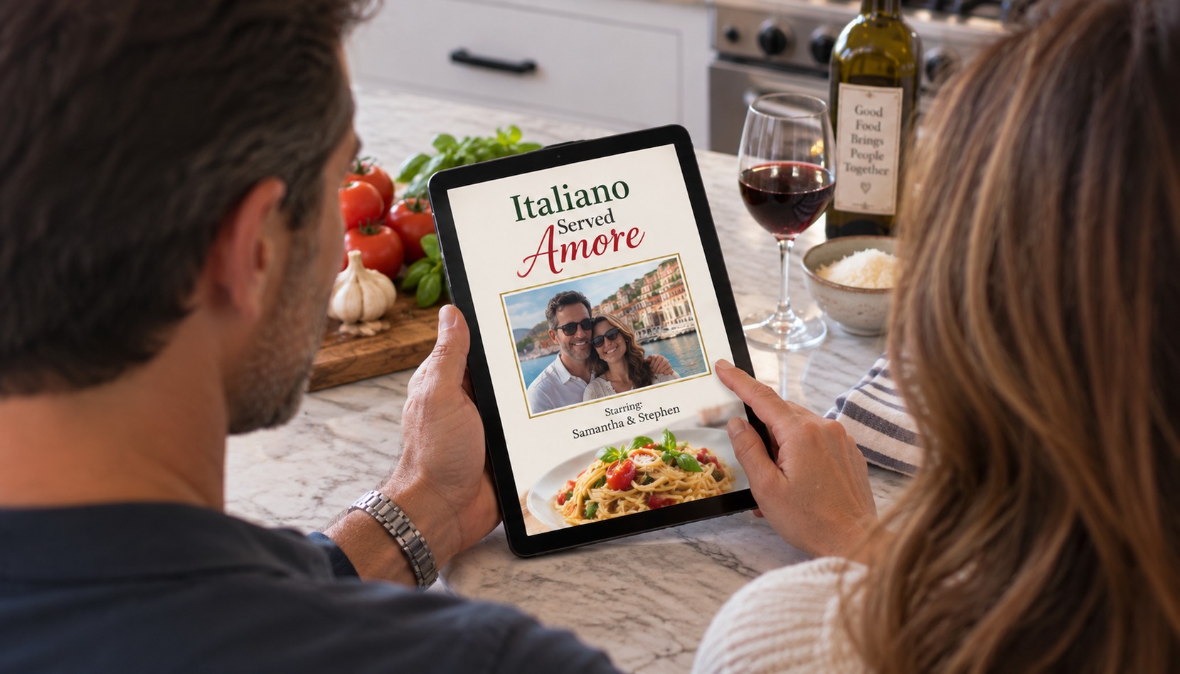 Couple viewing their personalized Italiano Served Amore romantic date night cookbook on a tablet
