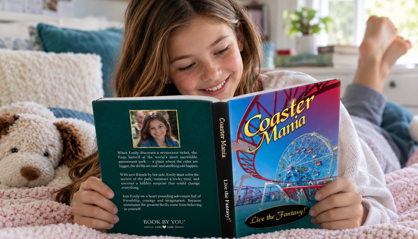 Girl reading a personalized Coaster Mania children's book