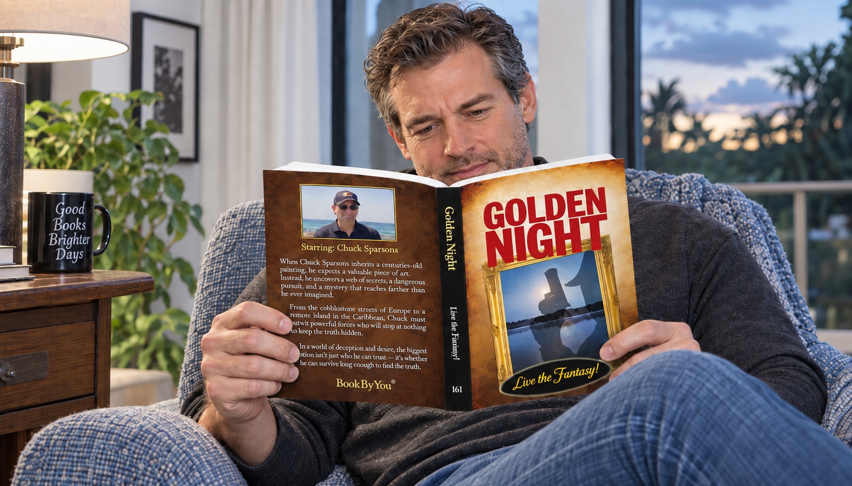 Man reading his personalized Golden Night mystery novel from Book By You