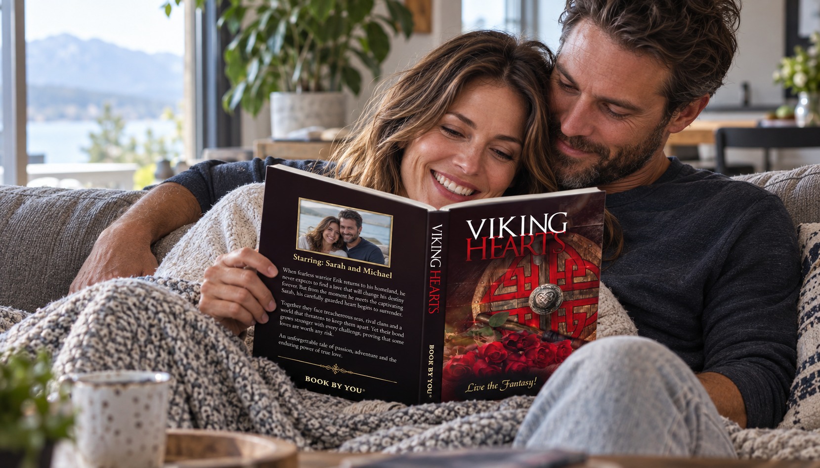 Couple reading their personalized Viking Hearts romance novel from Book By You